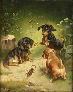 Dachshund puppies at play Artwork by Carl Reichert
