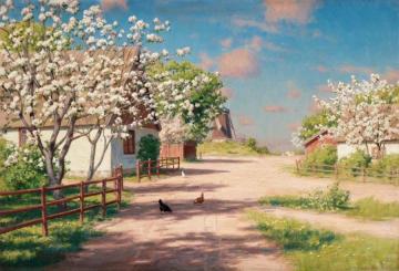 Farm with blooming apple trees and windmill Artwork by Johan Krouthén