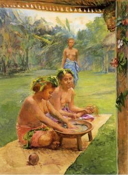 Young Girls Preparing Kava. Outside of the Hut Whose Posts Are Decorated wih Flowers; the Attendant, Standing in the Background Artwork by John La Farge