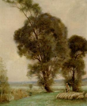 A Sheperdess and Her Sheep in a Misty Landscape Artwork by Jules-Alexis Muenier