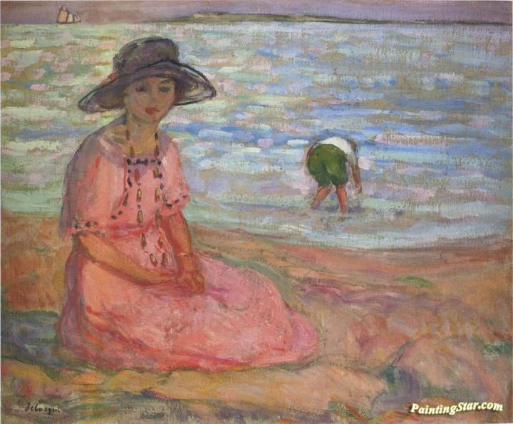 A girl in a pink robe by the sea Artwork by Henri Lebasque