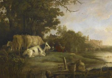 Cows In A Pasture Beside A River Before The Ruins Of The Abbey Of Rijnsburg Artwork by Aelbert Cuyp