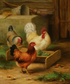 Poultry Feeding in a Barn Artwork by Edgar Hunt