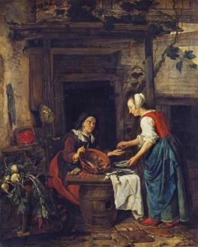 An Old Woman Selling Fish Artwork by Gabriel Metsu