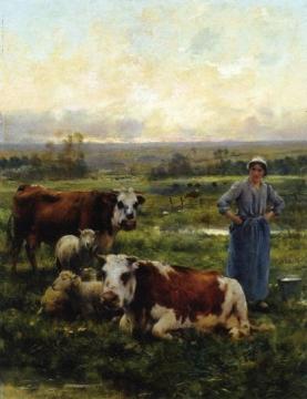 A Shepherdess with Cows and Sheep in a Landscape Artwork by Julien Dupre