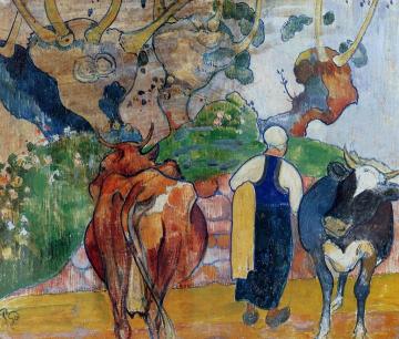 Peasant Woman and Cows in a Landscape Artwork by Paul Gauguin