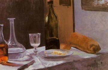 Still Life with Bottle, Carafe, Bread and Wine Artwork by Claude Oscar Monet