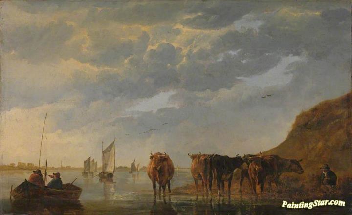A Herdsman with Five Cows by a River Artwork by Aelbert Cuyp