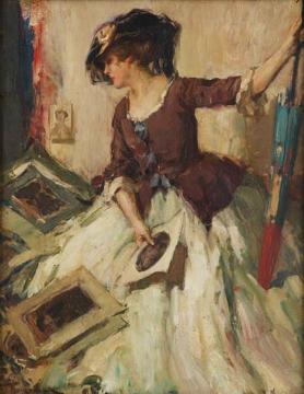 Jeune femme comtemplant de croquis with Parasol Artwork by Fernand Toussaint