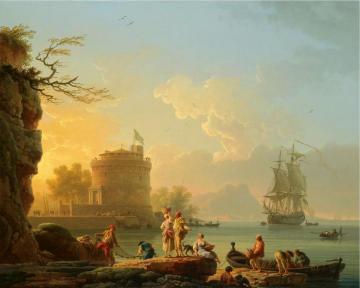 A Mediterranean Harbor Scene At Sunset With Fishermen Artwork by Claude-Joseph Vernet