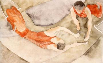 Two Trapeze Performers in Red Artwork by Charles Demuth