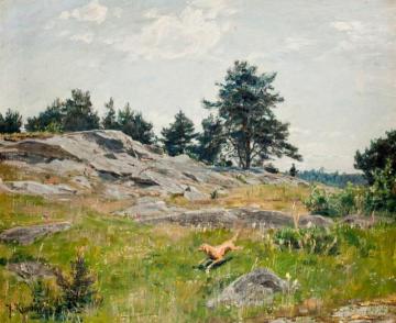 Summer landscape with dog and hunter Artwork by Johan Krouthén
