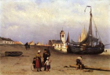 Fisher Folk and Beach Bomschuiten, near Katwijk Artwork by Johannes Hermanus Barend Koekkoek