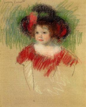 Margot in Big Bonnet and Red Dress Artwork by Mary Cassatt
