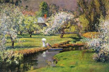 Lady With Parasol By Stream Artwork by Theodore Wendel