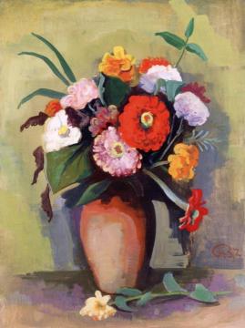 Vase with Zinnias Artwork by Karl Hofer