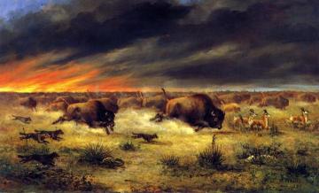 Herd Of Buffalo Fleeing From A Prairie Fire Artwork by Meyer Straus