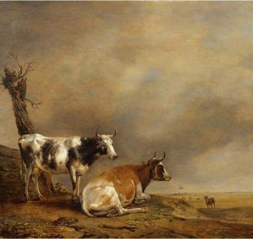 Two Cows and a Goat by a Pollarded Tree in a Landscape with other Cows Artwork by Paulus Potter