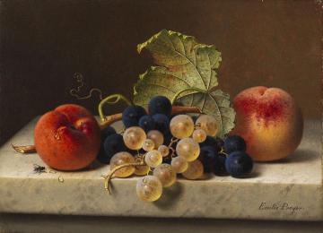 Fruit Still Life With Two Peaches And Blue And Green Grapes On The Branch And A Vine Leaf Artwork by Emilie Preyer