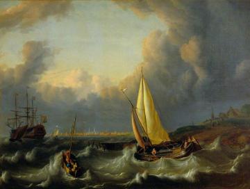 Seascape, Harbour with a Man of War and a Small Craft Artwork by Ludolf Bakhuizen