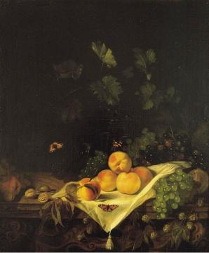 Still life with peaches and grapes Artwork by Abraham van Calraet