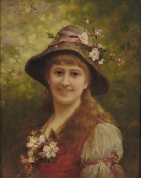 Portrait of a young woman, decorated with apple blossoms Artwork by Emile Eisman-Semenowsky
