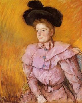 Woman in a Black Hat and a Raspberry Pink Costume Artwork by Mary Cassatt