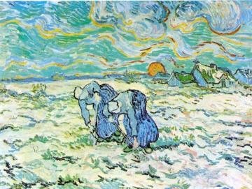 Two Peasant Women Digging in Field with Snow Artwork by Vincent Van Gogh
