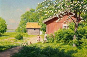 Children by the Cottage Artwork by Johan Krouthén