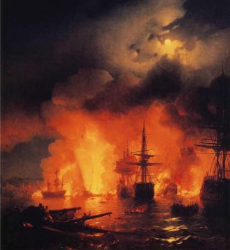 Battle of Aesme at Night Artwork by Ivan Constantinovich Aivazovsky
