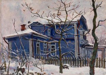 First Snow. Blue Dacha Artwork by Pyotr Konchalovsky