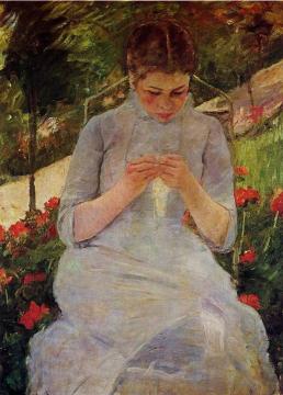 Young Woman Sewing in a Garden Artwork by Mary Cassatt
