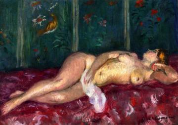 Nude Lying By A Flowered Screen Artwork by Charles Camoin