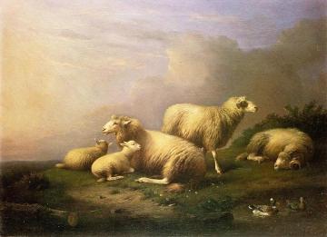 A Flock of Sheep Resting by a Pond Artwork by Francois van Severdonck