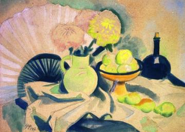 Still Life with Chrysanthemum and Fan Artwork by Hermann Max Pechstein