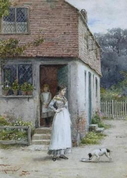 Woman and Dog Before a Cottage Artwork by George Goodwin Kilburne