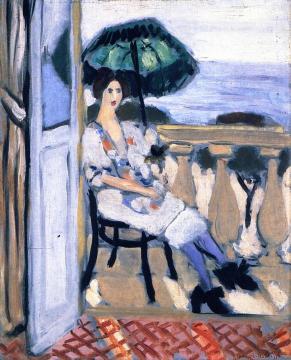 Woman Seated on the Balcony, Green Umbrella, Violet Stockings Artwork by Henri Matisse