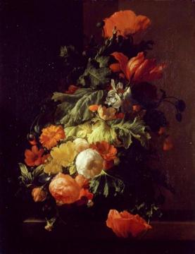 A vase of flowers on a stone slab Artwork by Elias van den Broeck