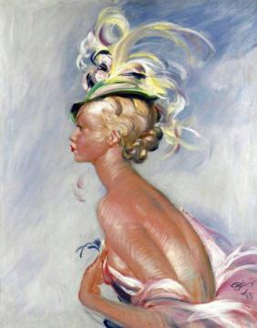 Fashionable Woman In Hat With Feathers Artwork by Jean-gabriel Domergue