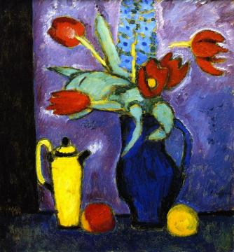Still Life with Tulips, Blue Jug, Yellow Coffee Pot Artwork by Alexej Jawlensky
