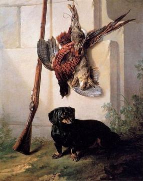Hound with Gun and Dead Game Artwork by Jean-Baptiste Oudry