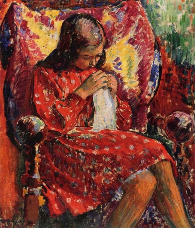 Marthe Sewing Artwork by Henri Lebasque