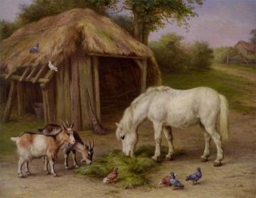 Pony and Goats in a Farmyard Artwork by Edgar Hunt