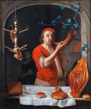 A Baker Blowing His Horn Artwork by Gabriel Metsu