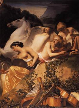 Four Muses and Pegasus on Parnassus Artwork by Caesar van Everdingen
