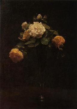 White and Yellow Roses in a Tall Vase Artwork by Henri Fantin-Latour