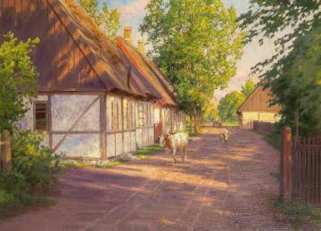 Village Street with Cows Artwork by Johan Krouthén