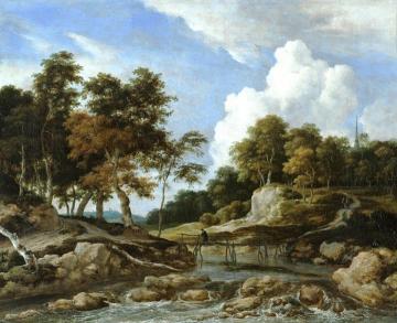 A Wooded River Landscape With A Bridge, A Church Beyond Artwork by Jacob van Ruisdael