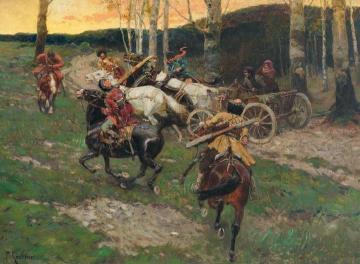 Circassian Horsemen Attack a Peasant Couple Artwork by Franc Alekseevic Rubo