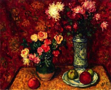 Apples and Vase of Flowers Artwork by Georges D'espagnat